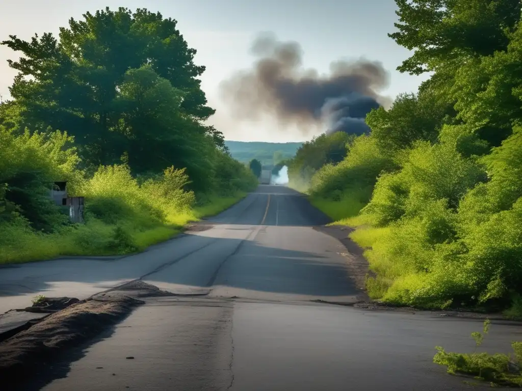 Una fotografía estilo documental de las calles abandonadas y cubiertas de maleza de Centralia, Pensilvania, con la inquietante visión del humo que se eleva desde el suelo debido al incendio de carbón subterráneo que ha estado ardiendo durante décadas. La imagen capta la atmós