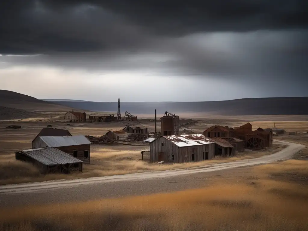 Una fotografía evocadora de ciudades mineras abandonadas, donde la naturaleza reclama su lugar entre edificios derruidos y maquinaria oxidada. <b>El cielo nublado aporta un ambiente melancólico.