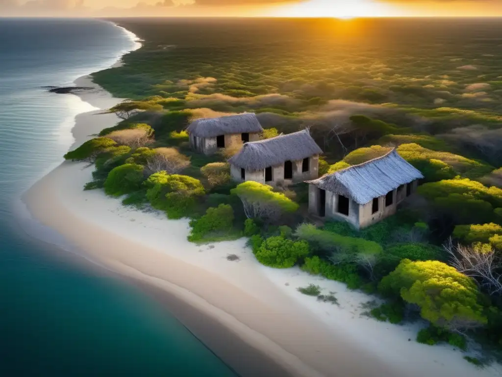 Exploración abandonada en la isla de Mozambique: detalle de edificios históricos y naturaleza en contraste, bajo la cálida luz del atardecer.