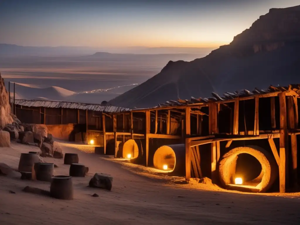 Exploración en las antiguas minas de Bolivia investigadas: Antigua mina iluminada por linternas con siluetas de mineros en la distancia.