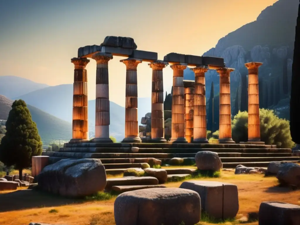 Exploración en el antiguo Templo de Apolo en Delfos, Grecia: ruinas, luz cálida y misterio histórico con toque natural.