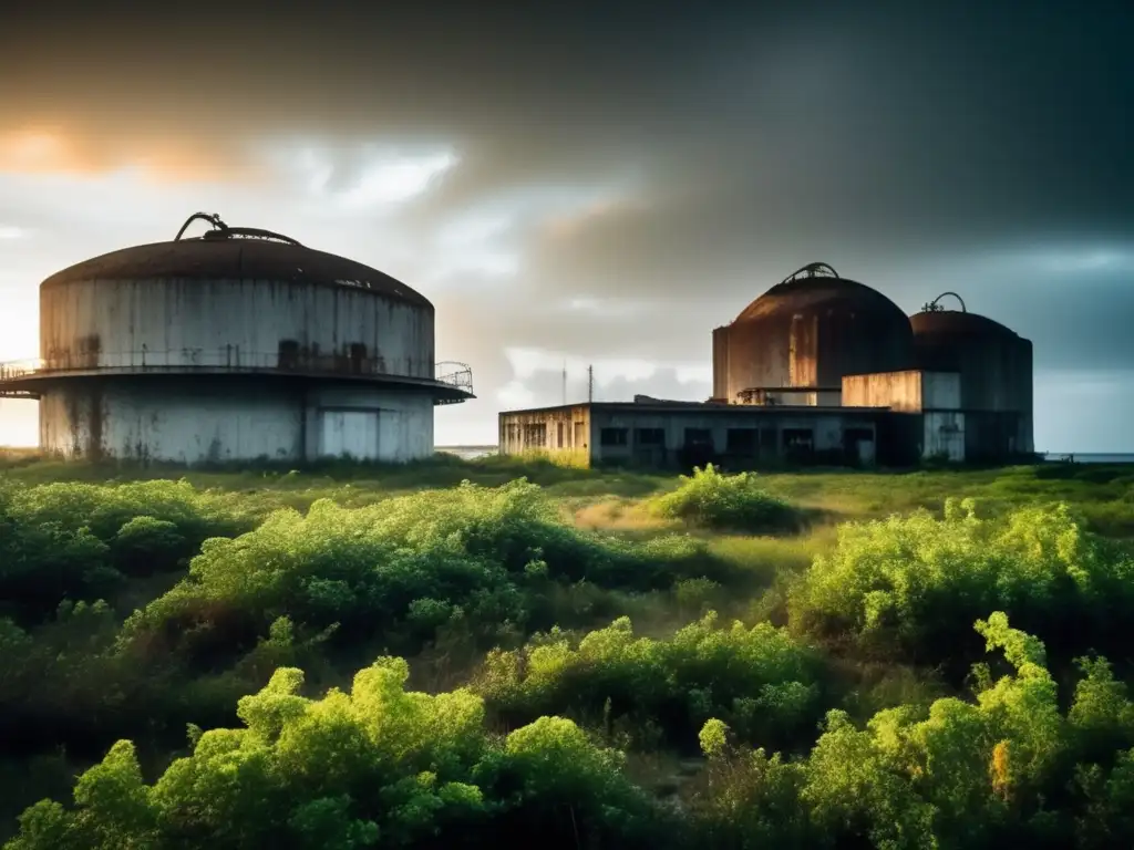 Exploración de bases nucleares desiertas en una isla remota, con edificios derruidos cubiertos de vegetación, maquinaria oxidada y una atmósfera de abandono.