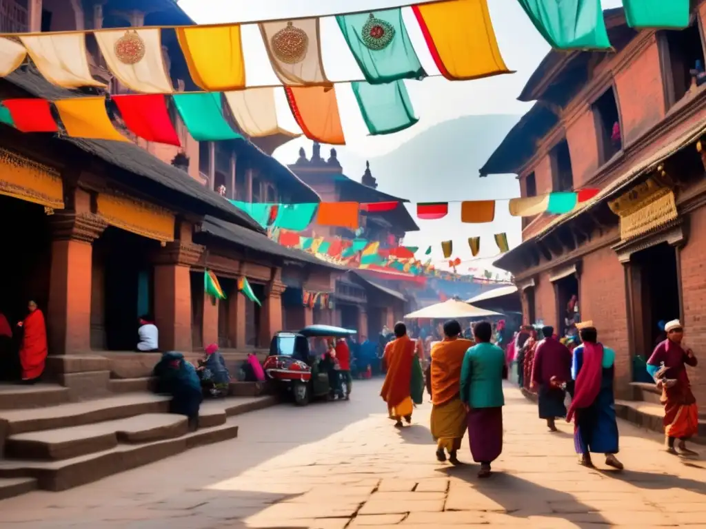 Exploración de Bhaktapur en Nepal: Calle bulliciosa con edificios tradicionales y celebración cultural con locales vestidos de forma vibrante.