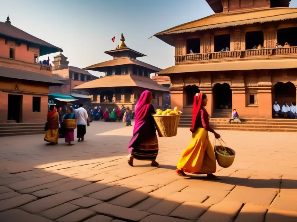 Exploración de Bhaktapur en Nepal: Plaza bulliciosa llena de templos e puestos coloridos, con gente local y arquitectura antigua.