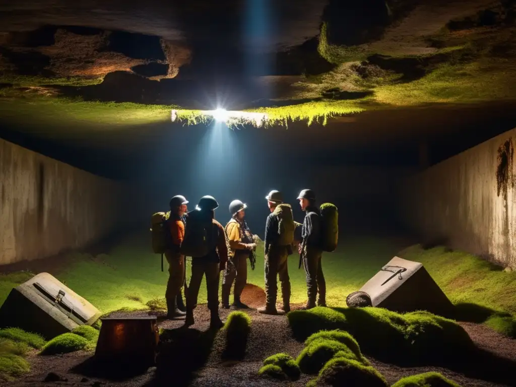 Exploración de un bunker olvidado en la historia, con exploradores iluminados en la penumbra.