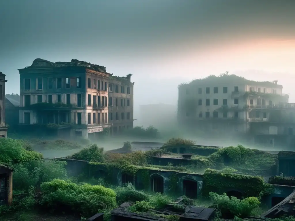 Exploración de una ciudad abandonada en un clima misterioso, con edificios en ruinas y vegetación exuberante.