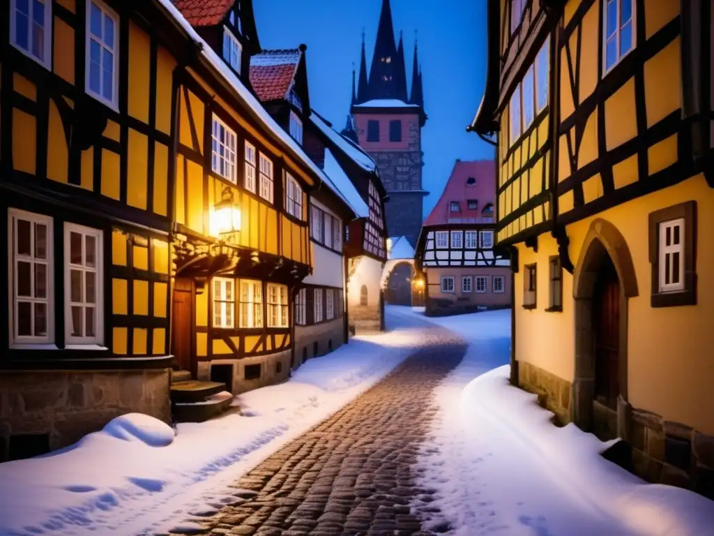 Exploración de la ciudad fantasma de Quedlinburg: calles empedradas, edificios históricos y una atmósfera gélida y misteriosa.