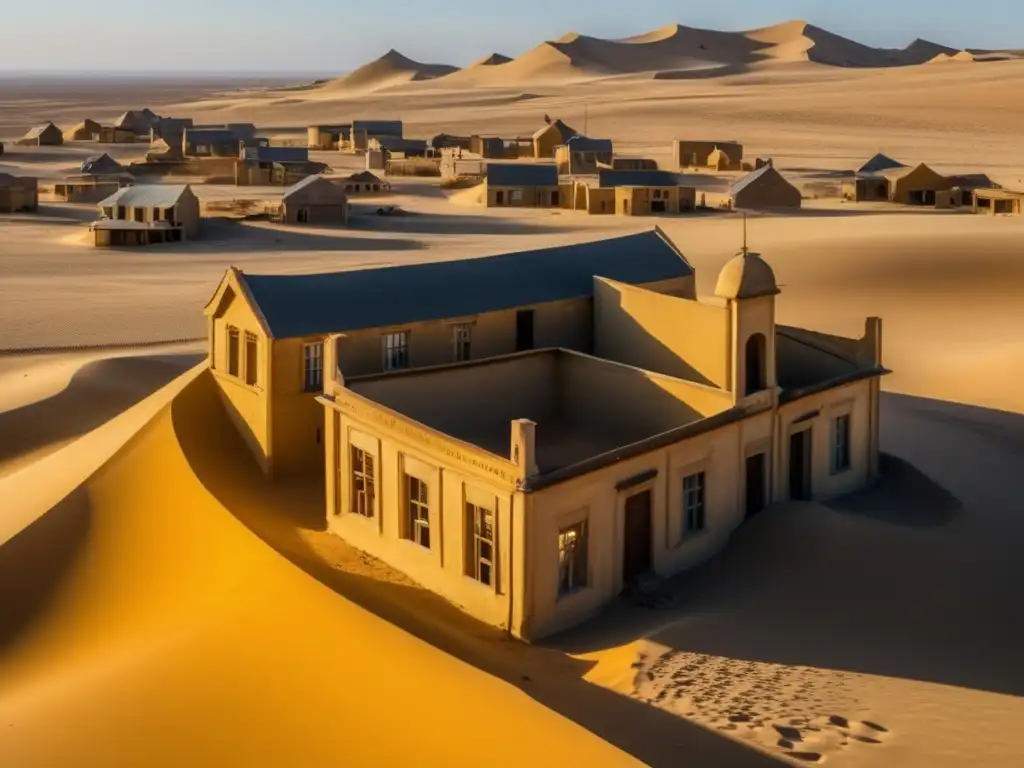 Kolmanskop: Ciudad abandonada en el Desierto de Namib Exploración de la ciudad fantasma de Kolmanskop, con edificios abandonados en las arenas del Desierto de Namib, bañados por la luz dorada del atardecer.