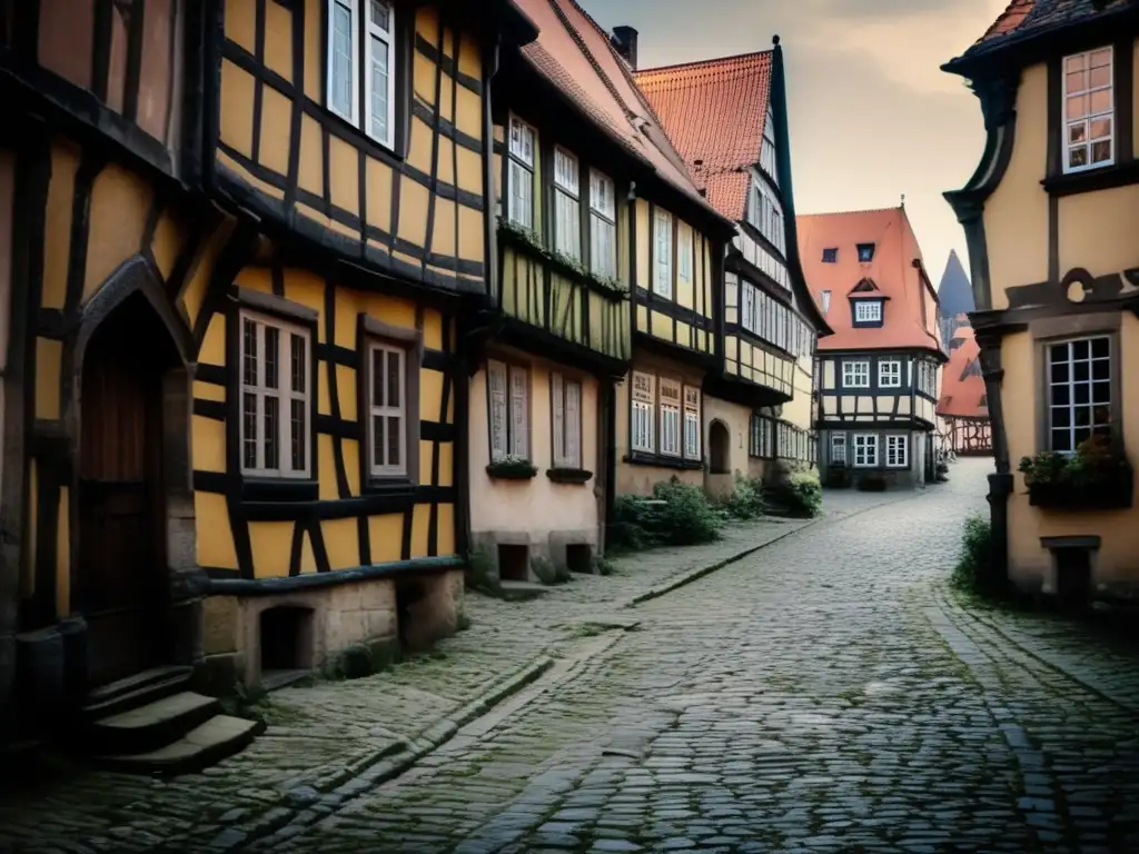 Exploración de la ciudad fantasma Quedlinburg: imagen documental de calles abandonadas, edificios medievales en ruinas y atmósfera misteriosa.