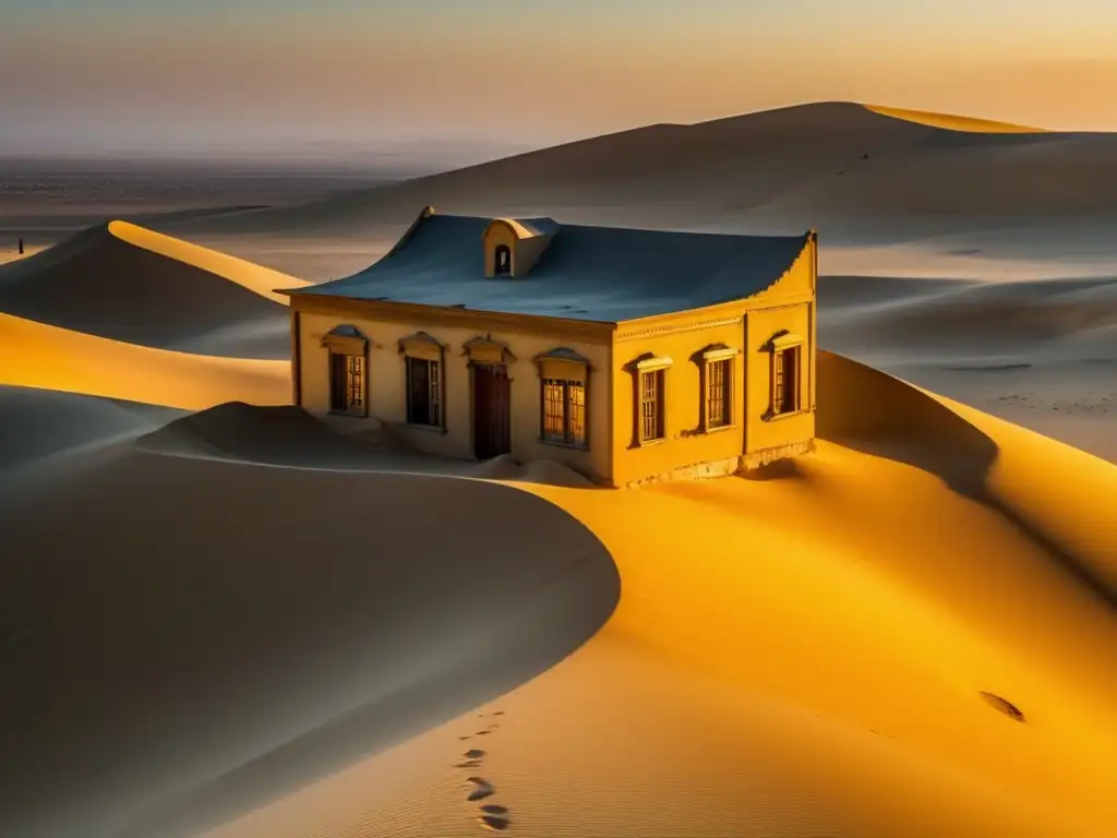 Ruinas doradas de Kolmanskop: belleza abandonada Exploración en la ciudad fantasma de Kolmanskop: luz dorada revela estructuras abandonadas invadidas por la arena del desierto al atardecer.