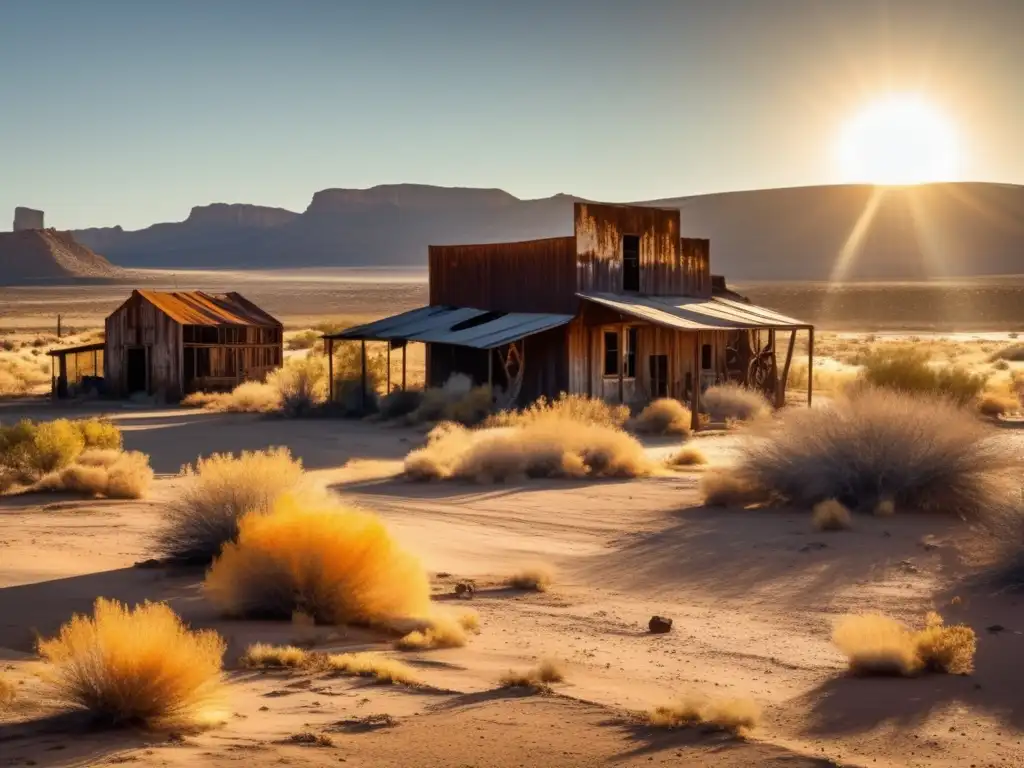 Exploración de la desolación en una ciudad minera abandonada del sur. Paisaje desértico, edificios en ruinas y maquinaria oxidada.