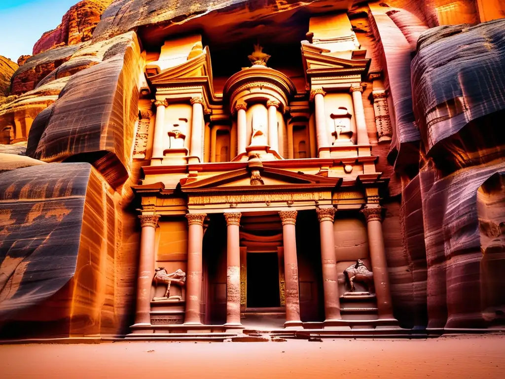 Exploración de la ciudad de Petra en Jordania: la majestuosa arquitectura de la antigua ciudad tallada en roca, bañada por la cálida luz del desierto.