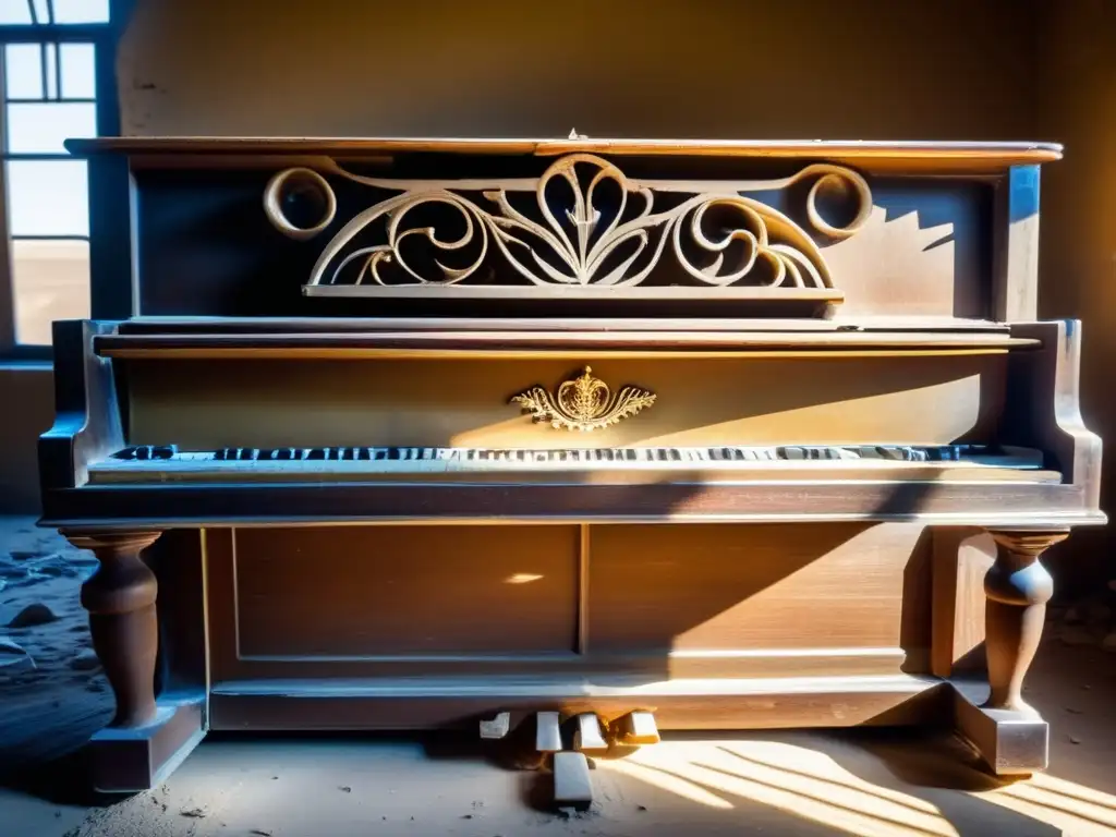 Piano olvidado en Kolmanskop: belleza decadente Exploración de la ciudad fantasma de Kolmanskop: un piano decrépito y enterrado en una atmósfera etérea y nostálgica.
