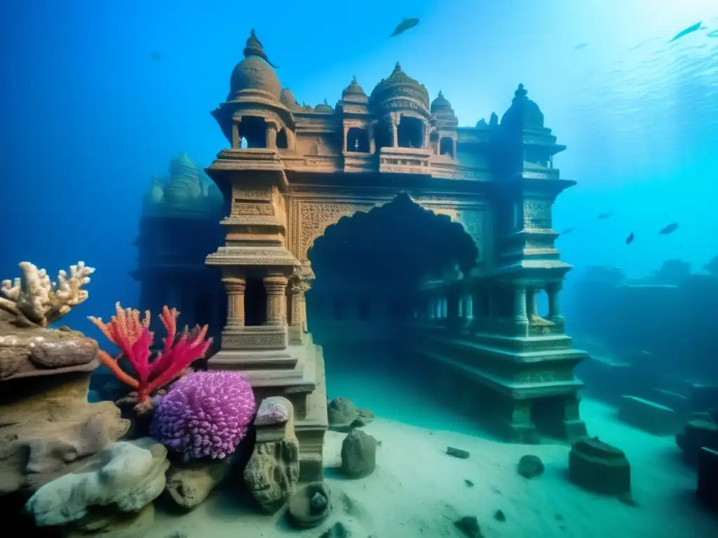 Exploración de la ciudad fantasma sumergida Dwarka, India: impresionante imagen submarina de ruinas antiguas cubiertas de coral y peces.