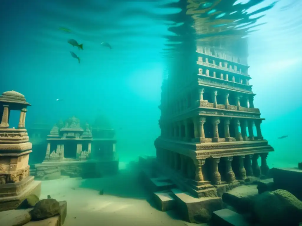 Exploración de la ciudad fantasma sumergida Dwarka: ruinas antiguas, luz y vida bajo el agua.