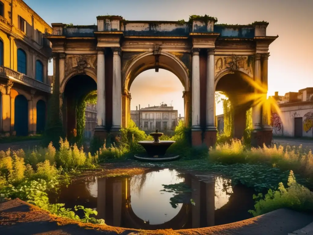 Exploración de una ciudad fantasma virtual al atardecer, con edificios en ruinas, una fuente oxidada y un cielo surrealista.