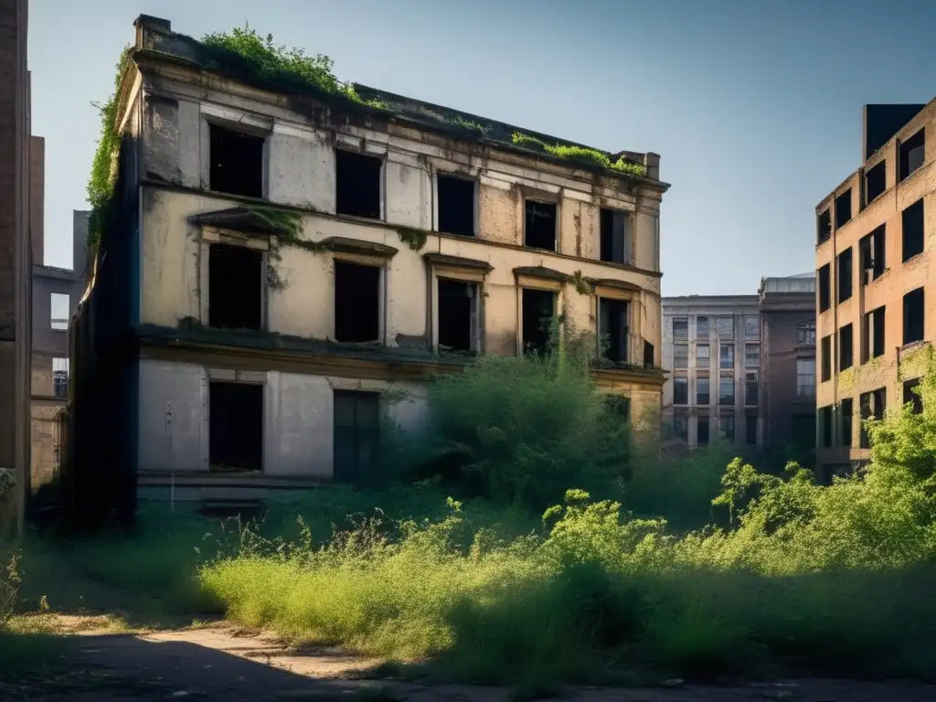 Exploración de ciudades abandonadas con aplicaciones móviles. Imagen documental de paisaje urbano desolado con edificios en ruinas y vegetación.