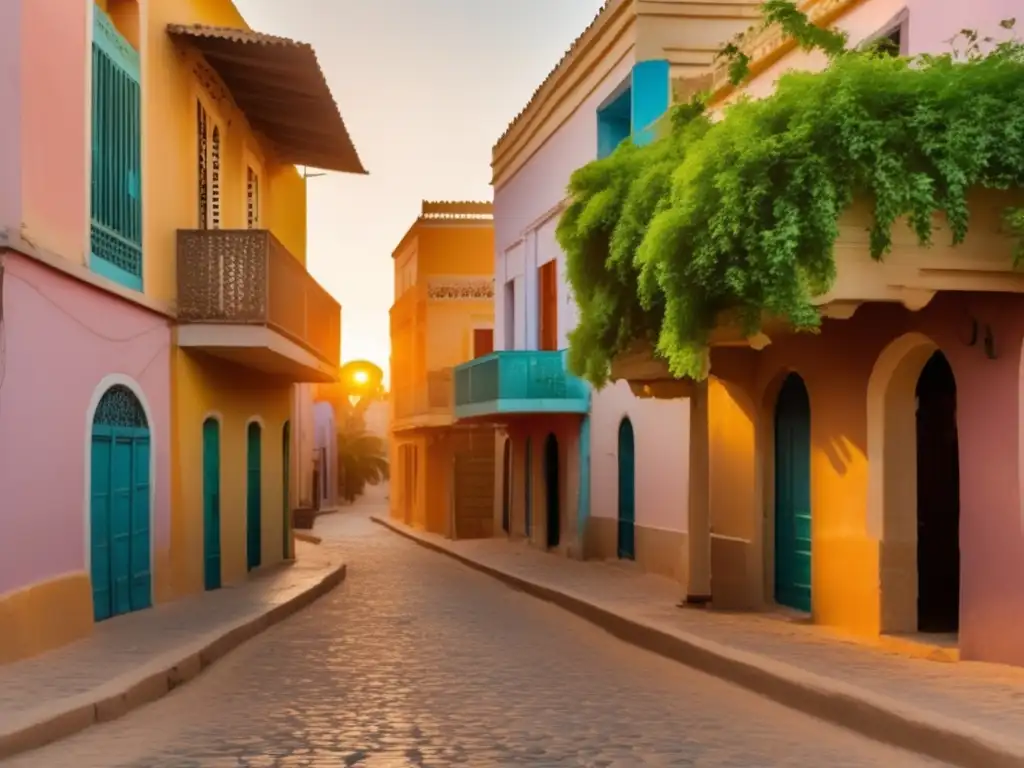 Atardecer nostálgico en calles coloniales de Saint-Louis du Sénégal Exploración de ciudades fantasma abandonadas: Calle desierta con edificios coloniales en Saint-Louis du Sénégal, iluminada por el cálido atardecer.