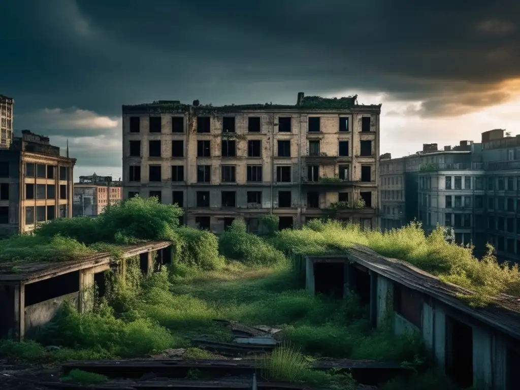 Exploración en ciudades abandonadas: una imagen detallada de un paisaje urbano desolado, con edificios en ruinas y vegetación desbordante, bajo un cielo atmosférico.