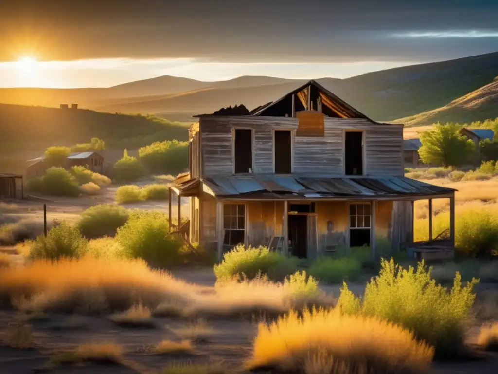 Exploración de ciudades fantasma abandonadas: Fotografía impactante de un pueblo abandonado bañado en luz dorada, con edificios en ruinas y vegetación sobrecogedora.