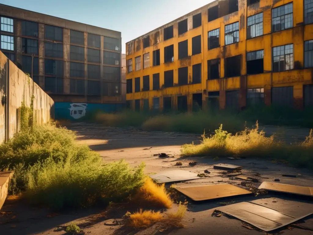 Exploración de ciudades abandonadas: paisaje urbano desolado, edificios en ruinas, graffiti, luz dorada, sombras largas y misterio.