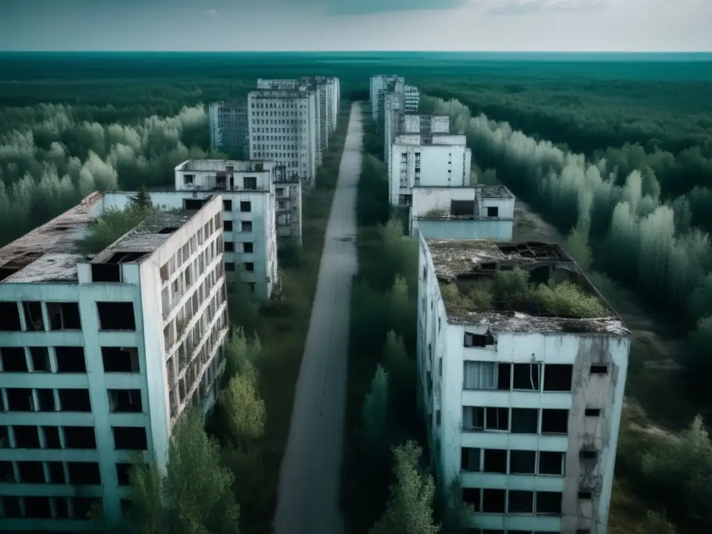 Exploración de ciudades abandonadas: vista aérea de Pripyat, Ucrania. Calles vacías, edificios en ruinas y una sensación de desolación.