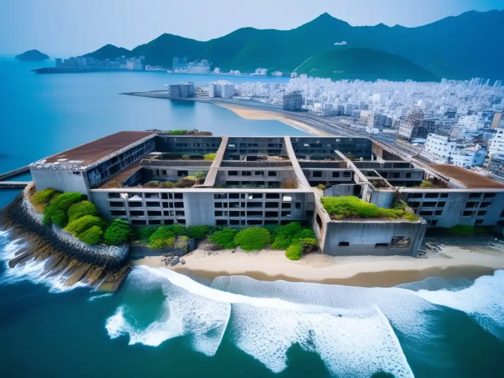 Exploración de ciudades fantasma: Vista aérea impresionante de Gunkanjima, con ruinas y el mar. <b>Una escena inquietante y cautivadora.