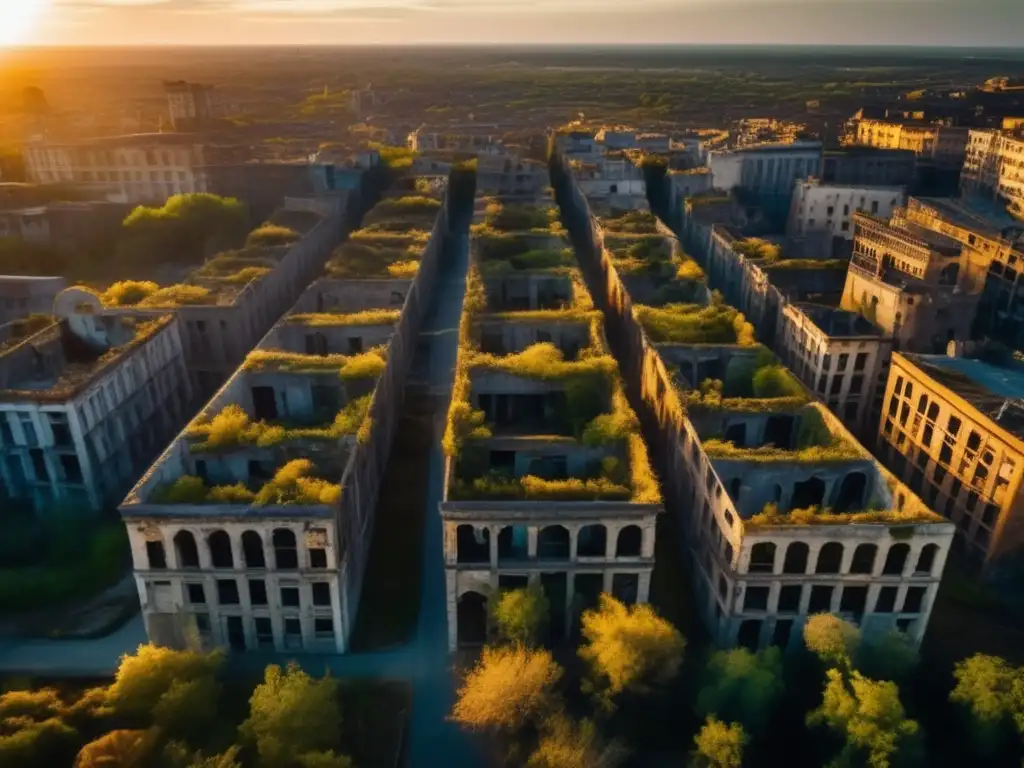 Exploración de ciudades fantasma desde el aire, revelando su belleza y misterio en un atardecer dorado.