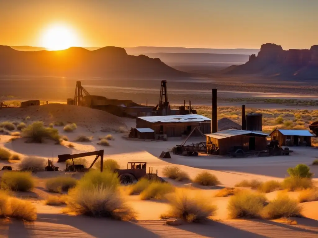 Exploración de ciudades fantasma en Arizona: Atardecer dorado sobre el desierto, ruinas mineras y montañas distantes.