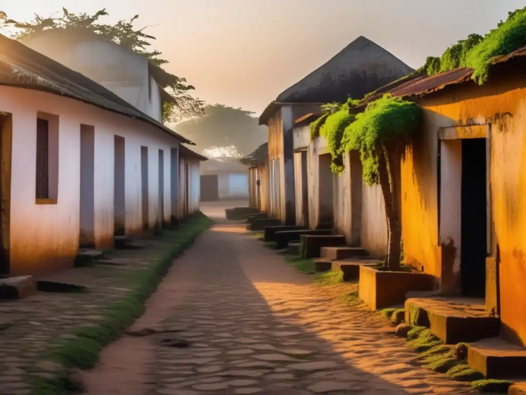 Exploración de ciudades fantasma en PortoNovo: la cálida luz del atardecer ilumina edificios antiguos y desgastados, creando una atmósfera de belleza olvidada.