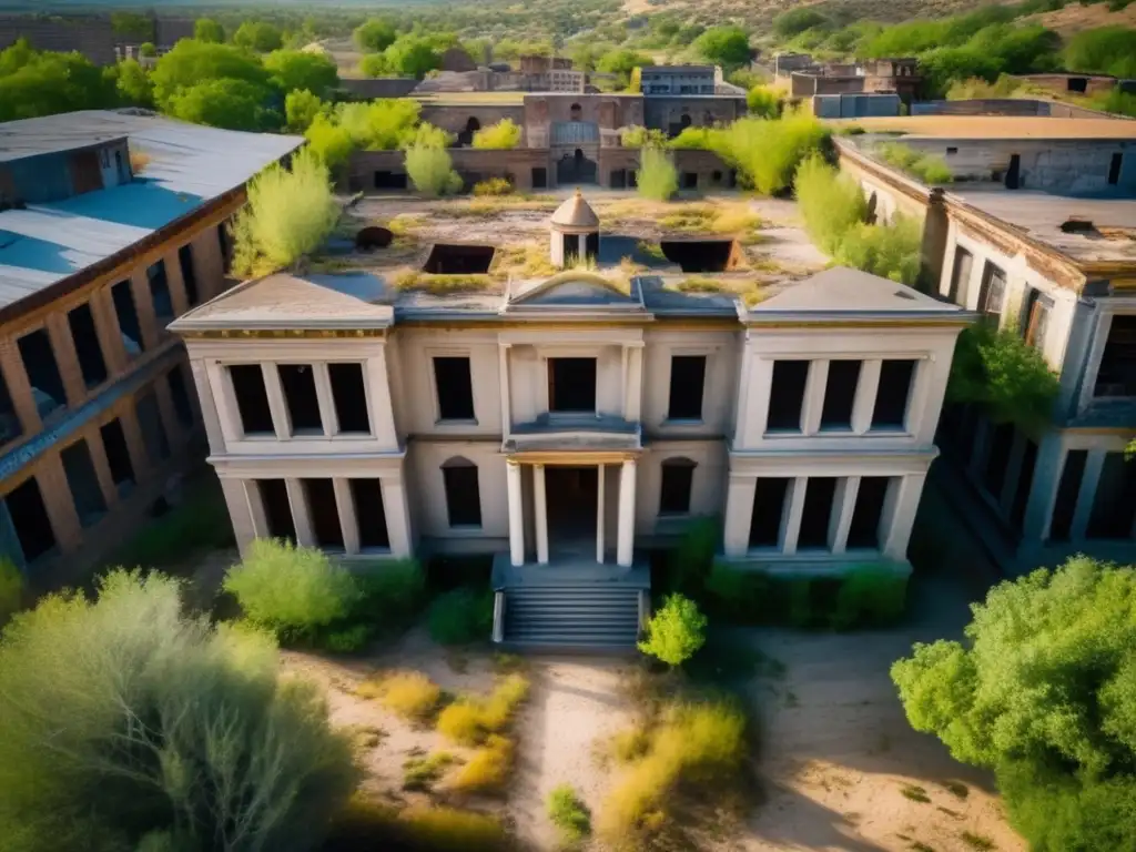 Exploración de ciudades fantasma con drones: Imagen aérea de un dron sobre una ciudad abandonada, capturando su belleza y misterio.