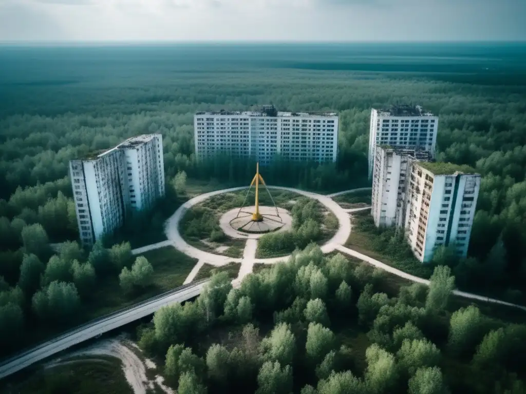 Exploración de ciudades fantasma abandonadas: Vista aérea de Pripyat, con edificios en ruinas, calles cubiertas de vegetación y la icónica noria, evocando la desolación de Chernobyl.