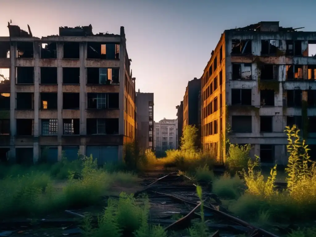 Exploración de ciudades fantasma abandonadas al atardecer: edificios decrépitos, vegetación desbordante y sombras alargadas.