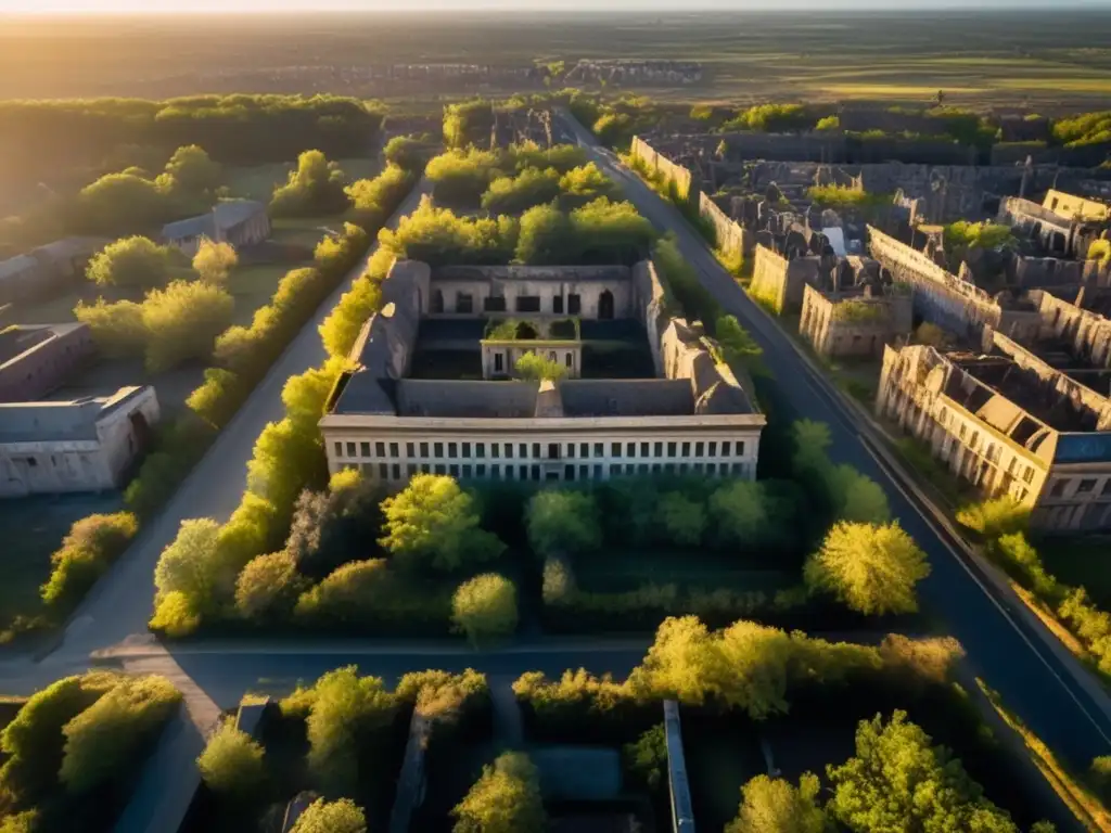 Exploración de ciudades fantasma abandonadas al atardecer, revelando la belleza melancólica de edificios en ruinas y calles cubiertas de vegetación.