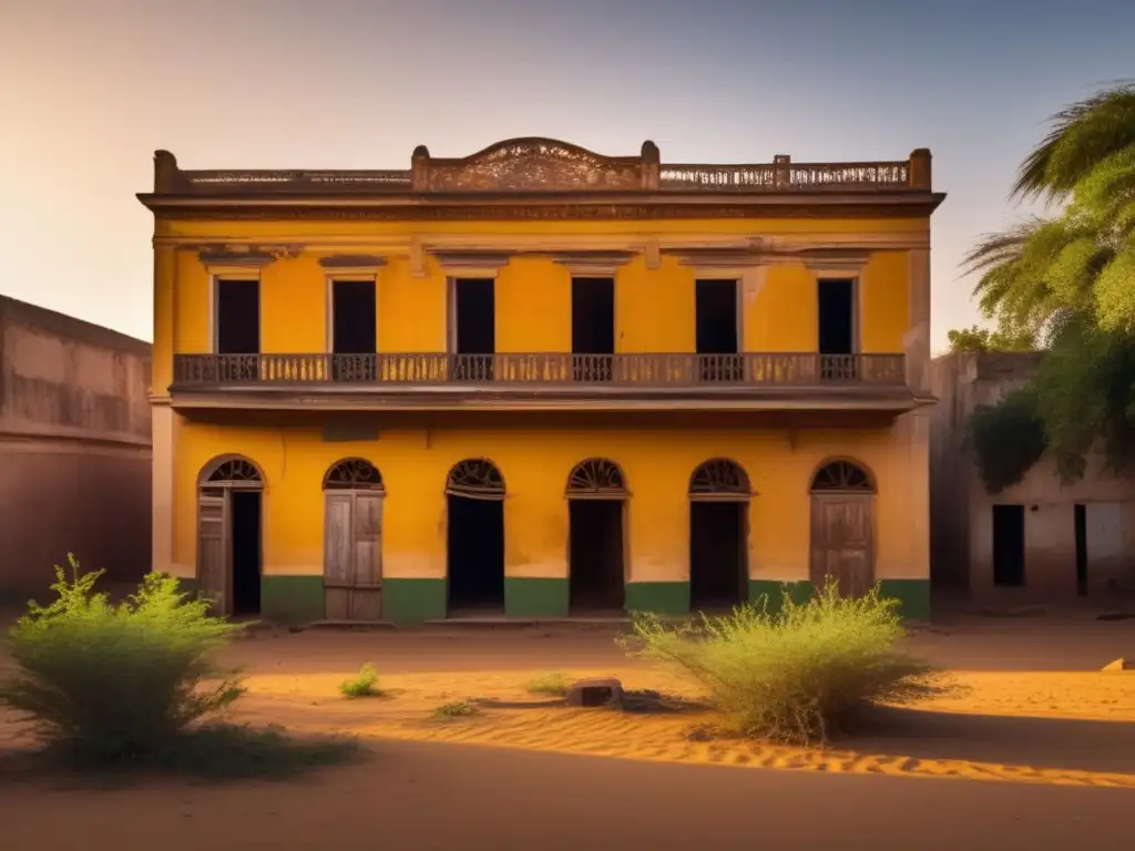 Ruinas coloniales de Saint-Louis du Sénégal al atardecer Exploración de ciudades fantasma abandonadas: detallada imagen de las ruinas coloniales de Saint-Louis du Sénégal, bañadas en luz dorada al atardecer.
