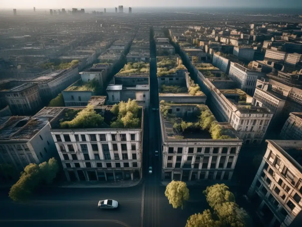 Exploración de ciudades fantasma capturada por drone: una imagen aérea detallada muestra la desolación y misterio de un paisaje urbano abandonado.