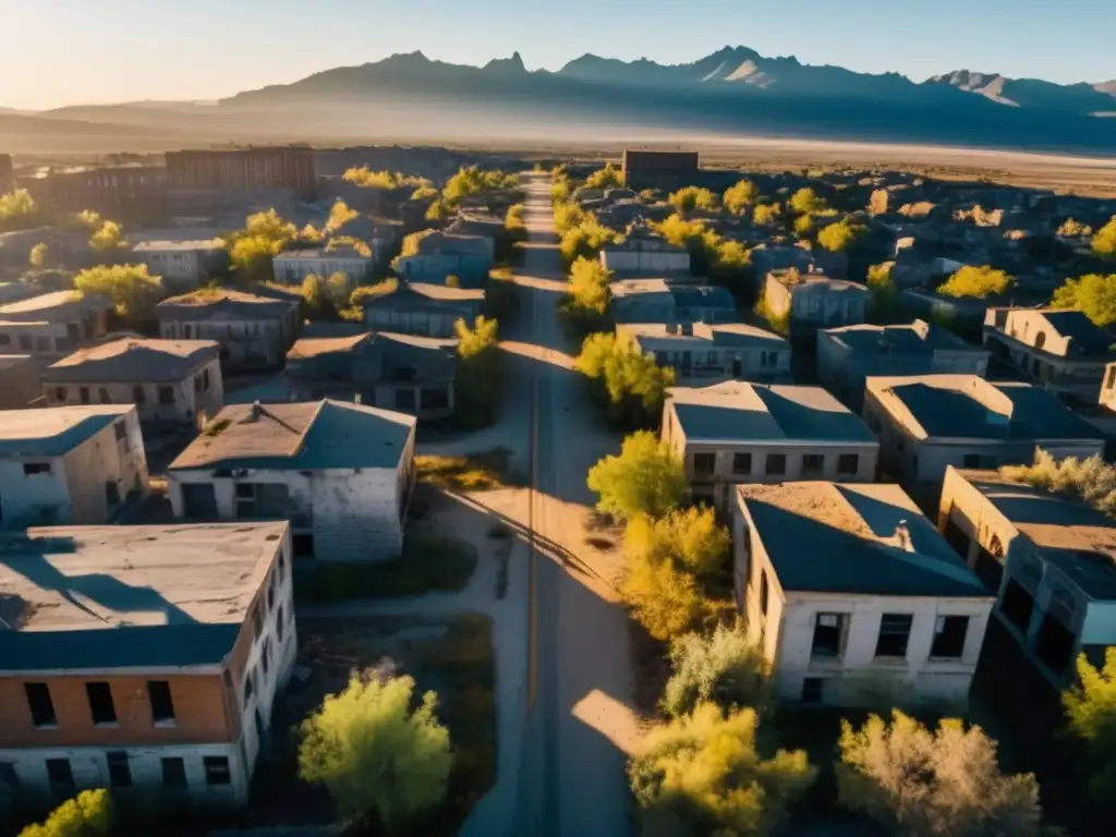 Exploración de ciudades fantasma desde un drone, revelando la desolación de un paisaje urbano abandonado y reclamado por la naturaleza.