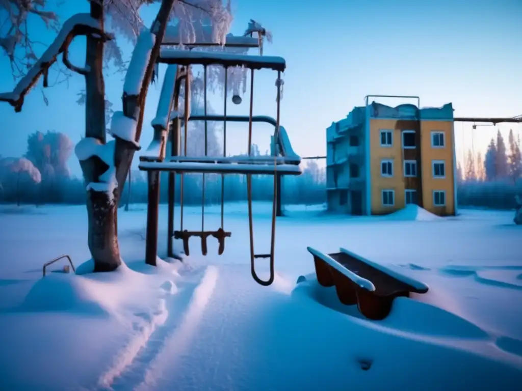 Exploración de ciudades fantasma Kadykchan: Imagen inquietante de la ciudad abandonada de Kadykchan en Rusia, cubierta de nieve.