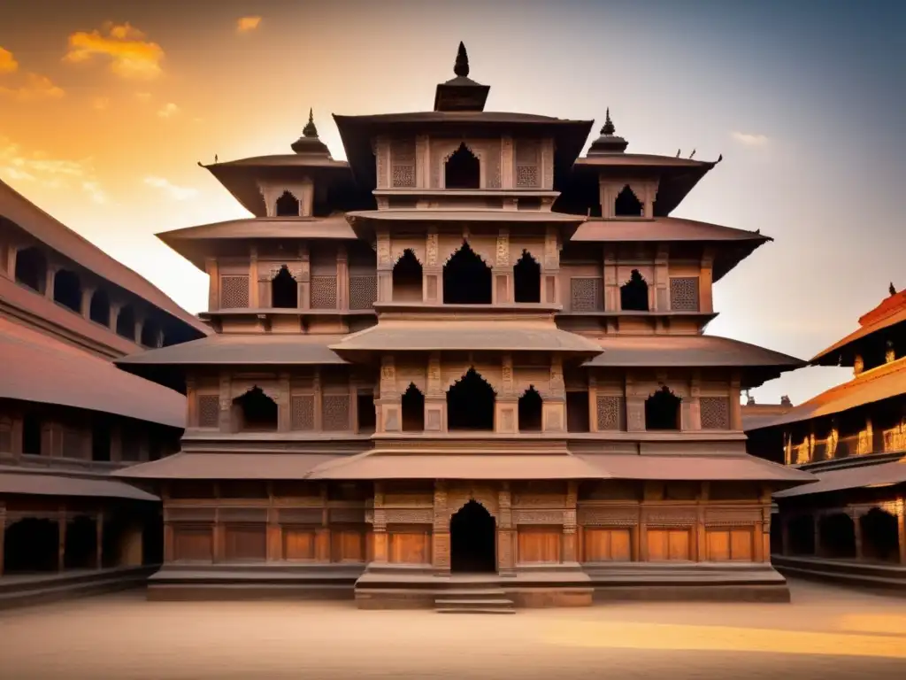 Exploración de Bhaktapur en Nepal: Detalles arquitectónicos y tallados de madera en el Palacio de las 55 Ventanas, iluminados por el cálido sol, mientras visitantes admiran la artesanía.