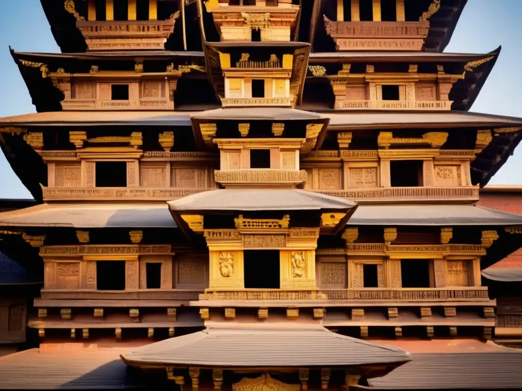 Exploración de Bhaktapur en Nepal: Detalles intrincados y arquitectura majestuosa del Templo Nyatapola, resplandeciendo bajo el cálido sol nepalí.