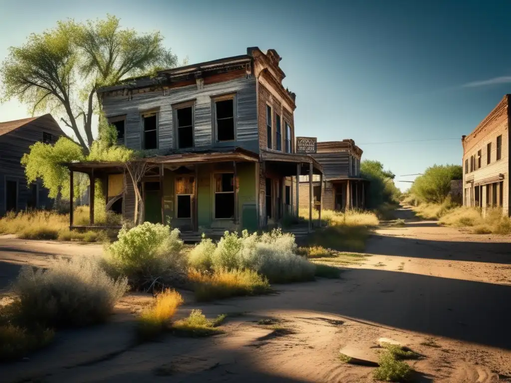 Exploración de historias en ciudades abandonadas, un paisaje desolado y misterioso con edificios en ruinas y vegetación exuberante.