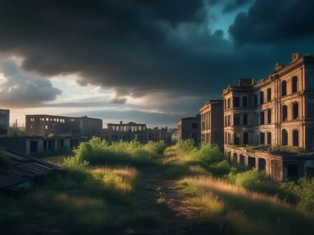 Exploración de historias en ciudades abandonadas: decadencia urbana y belleza natural se entrelazan en esta impresionante imagen 8k.