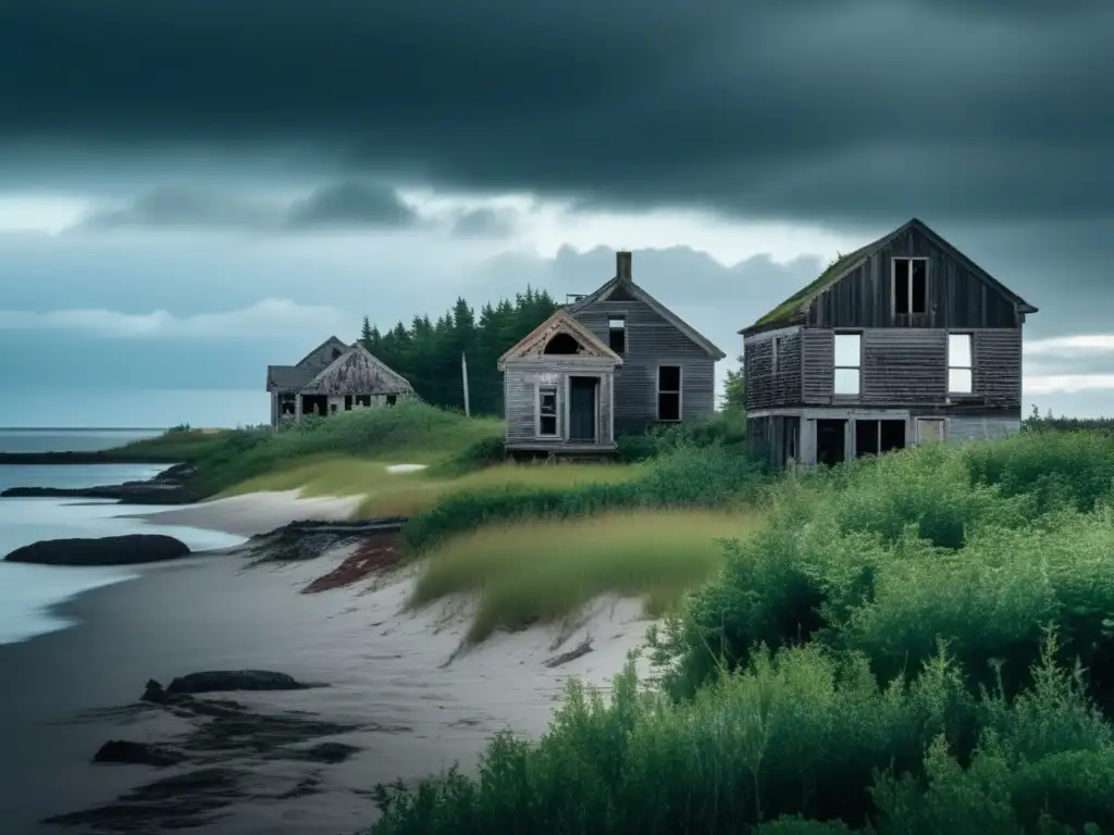 Exploración de la Isla de Oak Canadá: Imagen detallada de la ciudad costera abandonada en Oak Island. <b>Edificios en ruinas y vegetación exuberante.