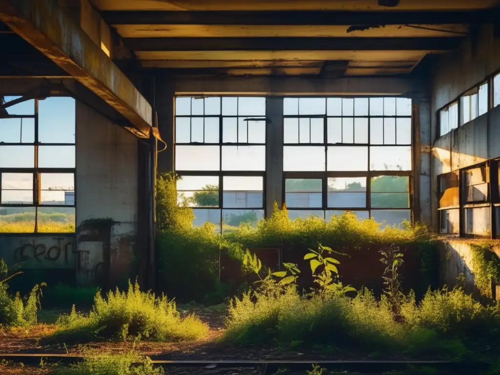 Exploración de lugares abandonados: Imagen 3D de una fábrica industrial cubierta de maleza y graffiti, bañada en luz dorada.