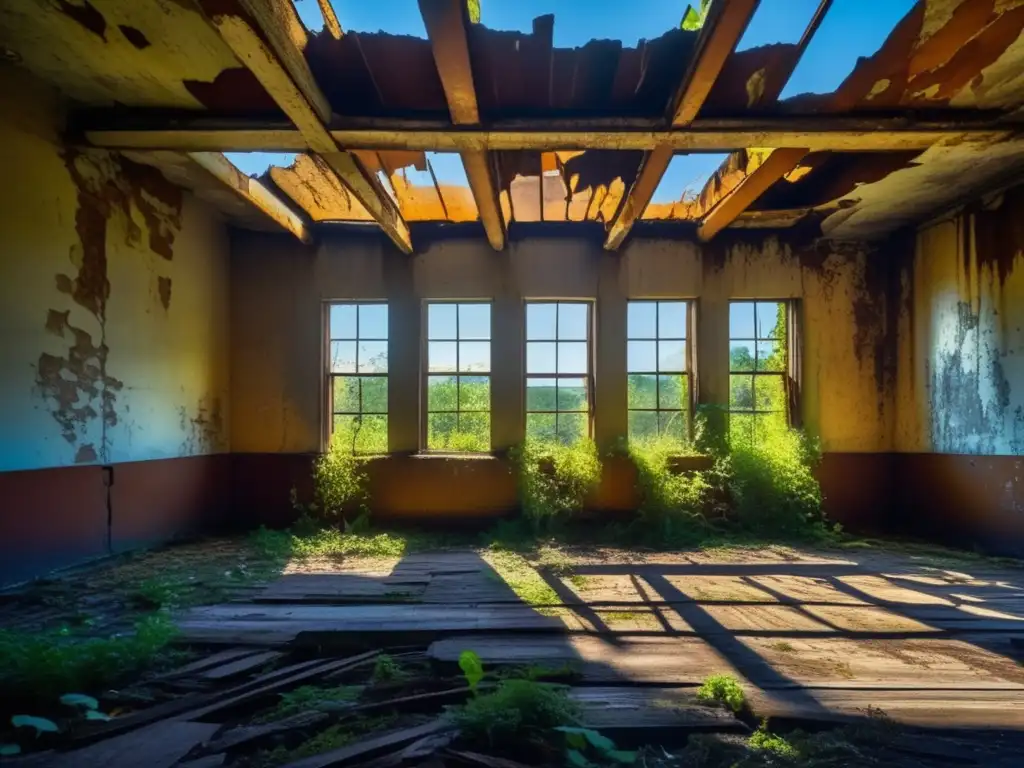 Exploración de lugares abandonados en modelado 3D con detalles de texturas y la belleza inquietante de un edificio en ruinas.