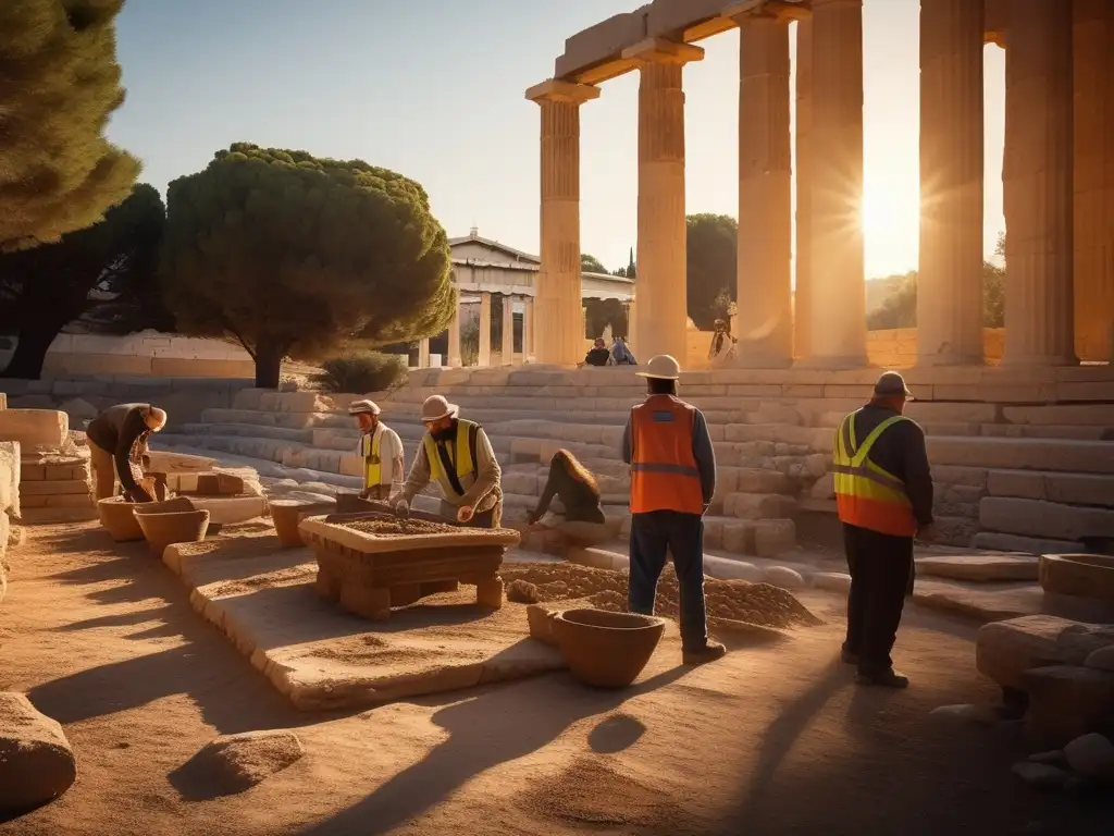 Exploración meticulosa de antiguas ruinas en Atenas, revelando misterios del pasado con detalle y paciencia al amanecer.