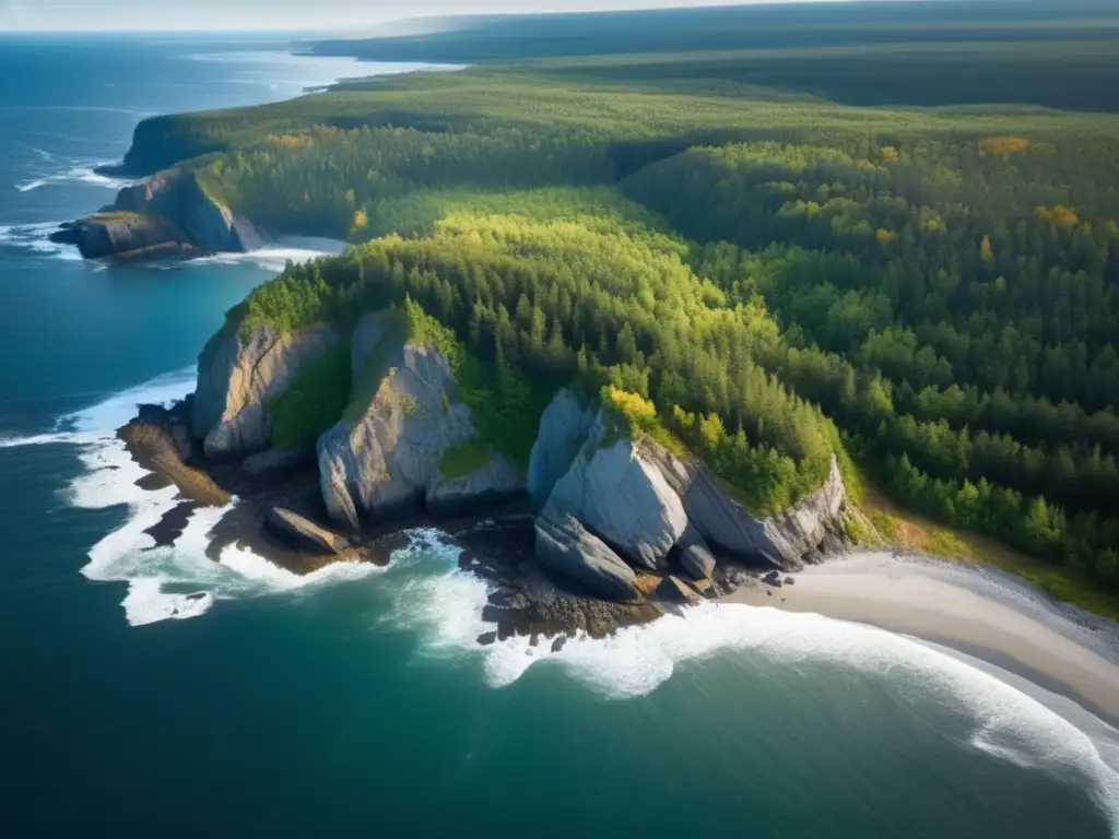 Exploración de la misteriosa costa de Oak Island, Canadá, con acantilados dramáticos y vegetación densa, evocando misterio y aventura.