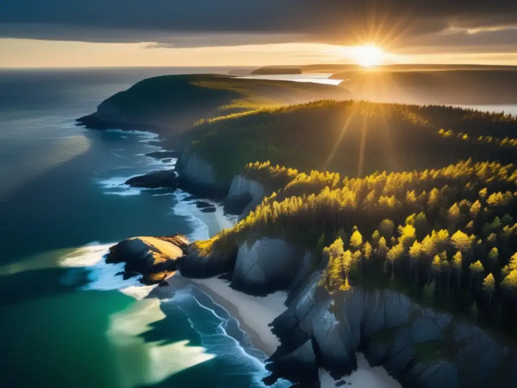 Exploración de la misteriosa costa de Oak Island, Canadá, con acantilados, bosques y el resplandor dorado del sol poniéndose sobre el Atlántico.