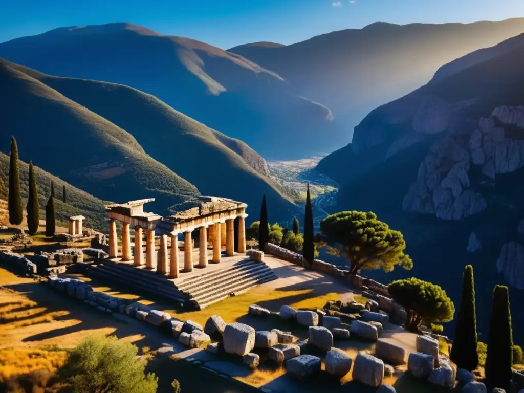 Exploración del místico Templo de Apolo en Delfos, con el imponente Monte Parnaso al fondo, una vista mágica de luz y sombra.