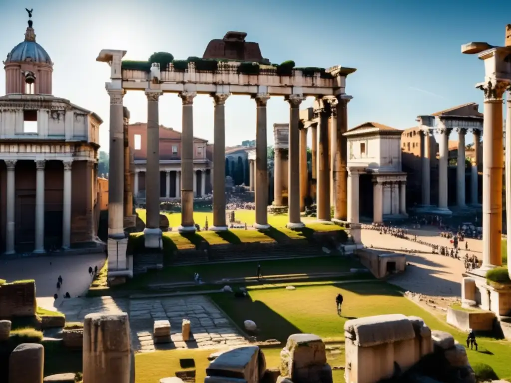 Exploración moderna en las Ruinas del Foro Romano, con columnas imponentes, carvings intrincados y una atmósfera histórica.